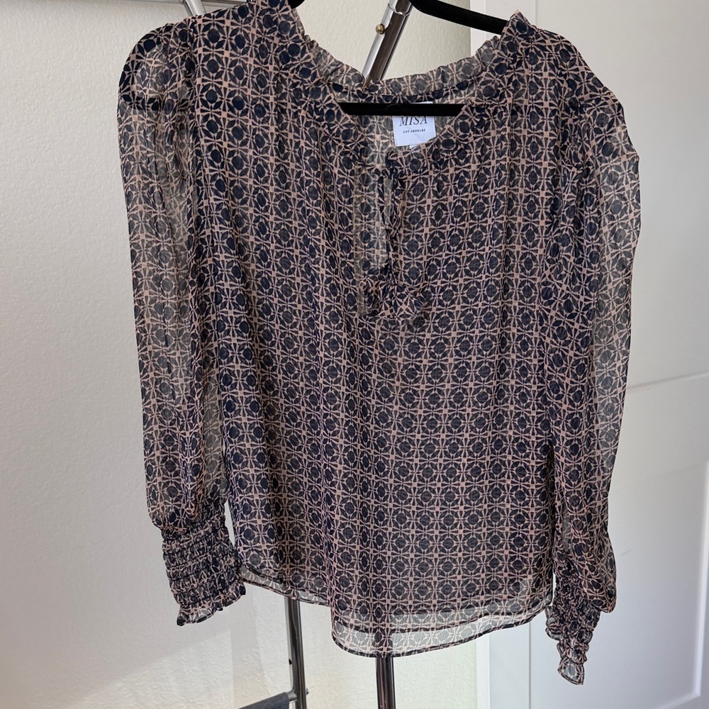 Misa Los Angeles Sheer Geometric Print Blouse - Navy & Taupe